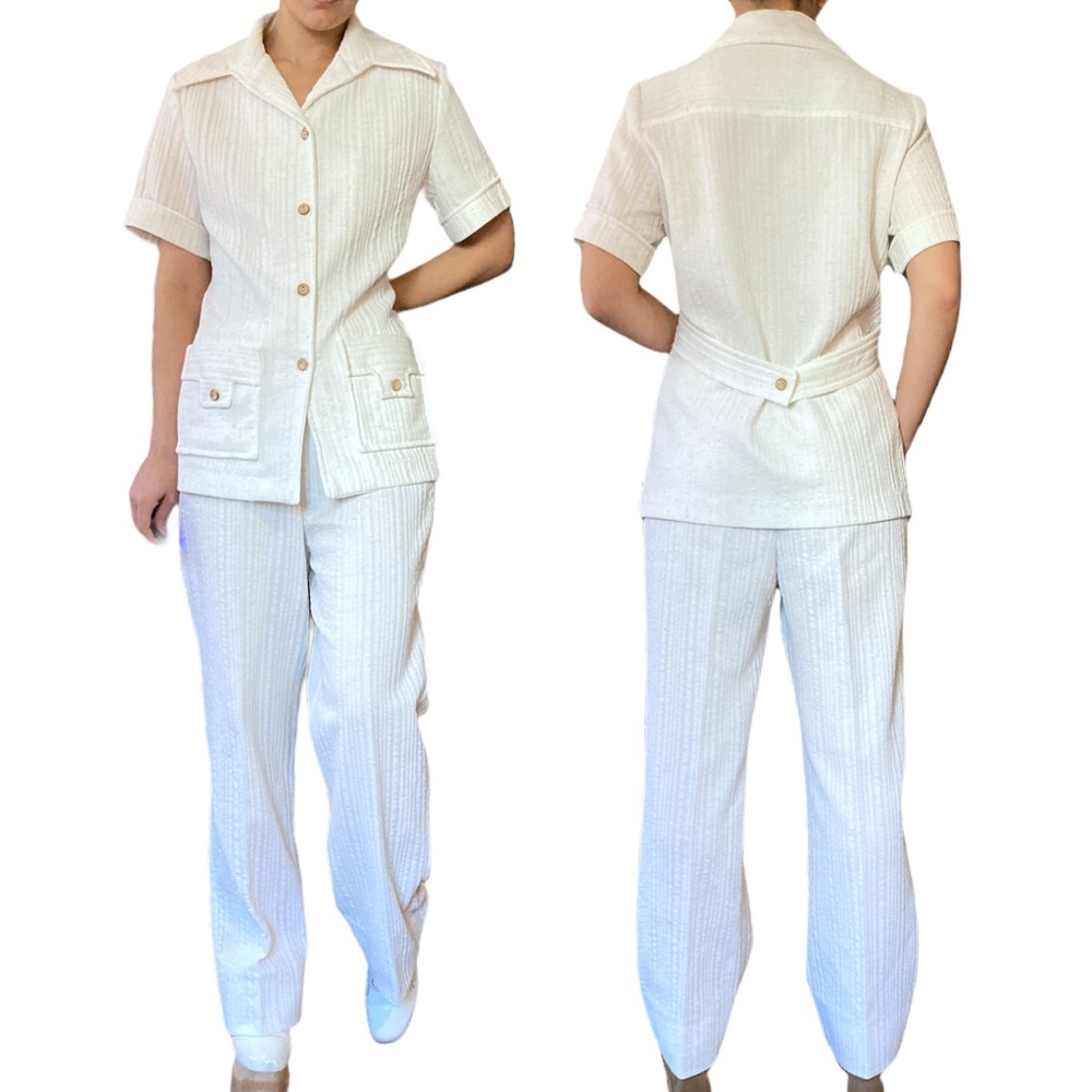 Vintage 70s Handmade Matching Coord Set Bell Bottom Leisure Suit, Size S/M